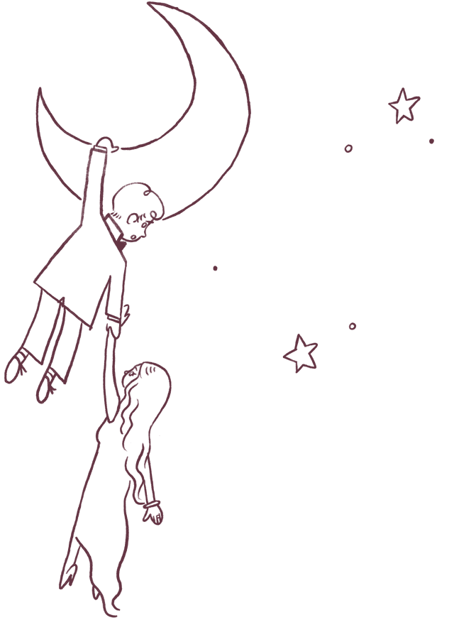 A cartoon drawing of Benji and Sarah onto the moon.